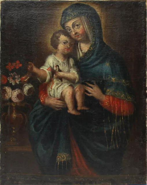 Ölgemälde 18.Jh. Maria Muttergottes Madonna mit Kind Jesuskind Stieglitz 57x45cm