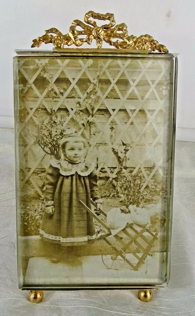 Antique French Nap III Bronze&Beveled Glass Photo Frame Louis XVI Ribbon 8.2"T