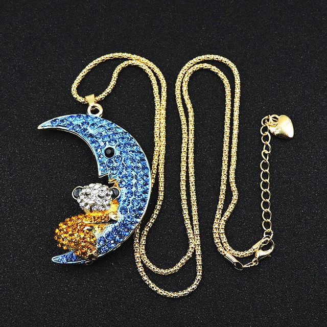 New Blue Bling Rhinestone Moon Bear Pendant Betsey Johnson Chain Necklace 3