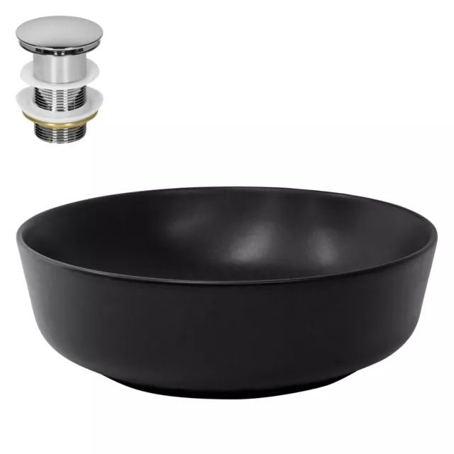 Vasque à poser lave-mains ronde noir céramique bonde de vidange Ø 415 x 135 mm