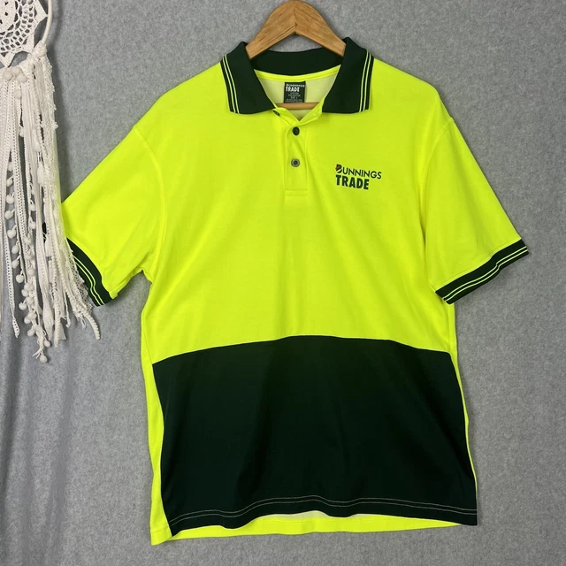 BUNNINGS TRADE POLO Shirt Size L Mens High Vis Fluro Yellow Tradie Work