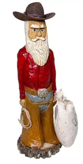 7” Carved Wood Texas Cowboy Western Santa Figurine Brown Hat Chaps Lasso