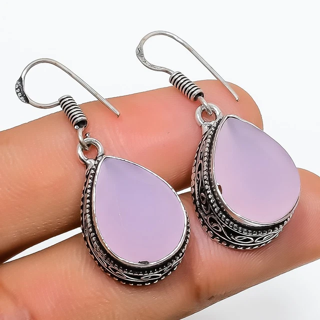 Rosa Chalcedon Edelstein Handarbeit 925 Sterlingsilber Schmuck Ohrring 1,50" d374
