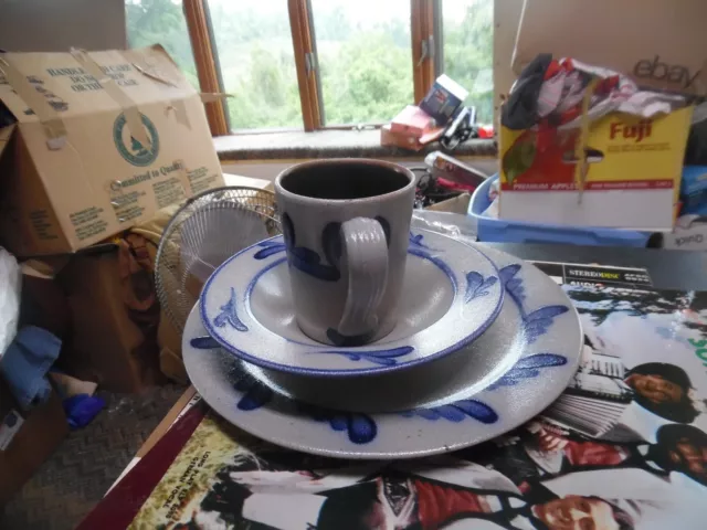Rowe Pottery Works salt glazed gray with blue dinner set- plates- bowl-mug
