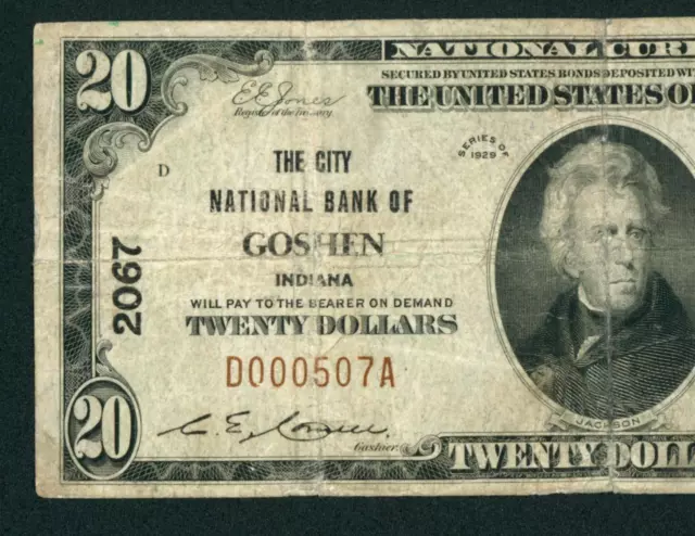 Goshen - $20 1929 ** National Currency ** DAILY CURRENCY AUCTIONS (TAPE REPAIR)