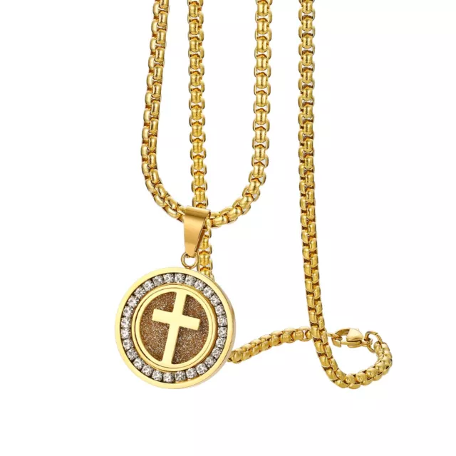 Men's Stainless Steel Cross Round Pendant With CZ Chain Prayer Necklace 22''