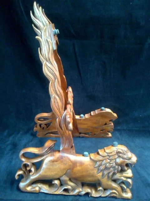 Blueberry Hand Carved Wooden Guitar Stand Lion Motif - Built to Order in 60 Days