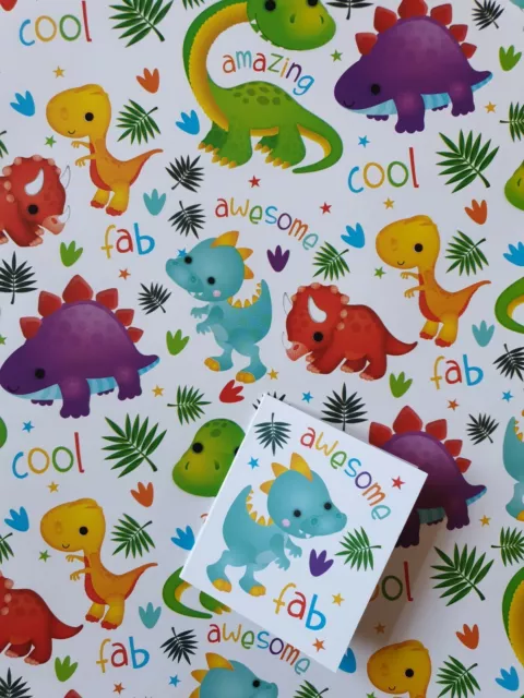 2 Sheets Of Glossy  Birthday Wrapping Paper Dinosaurs + 2 Matching Gift Tags