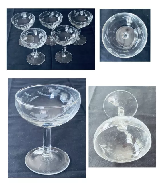 VINTAGE Susquehanna Crystal Champagne Glasses 4 oz ROYAL DANISH Floral 5-Pc Set