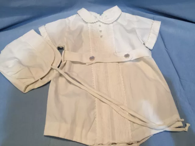 Vintage Boys Infants Toddlers One Piece White Outfit With Hat / Bonnet