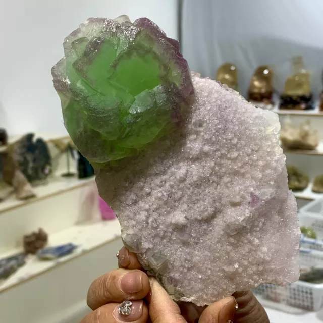 Muestra de cristal mineral de fluorita cúbica verde-púrpura natural de 1,35 lb/China