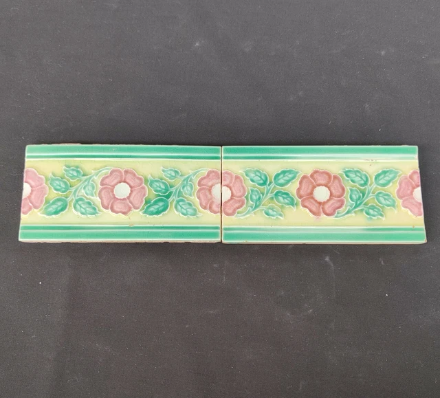 1940s Vintage Architecture Furniture Tile 2 Pc Floral Majolica Art Nouveau Japan 2