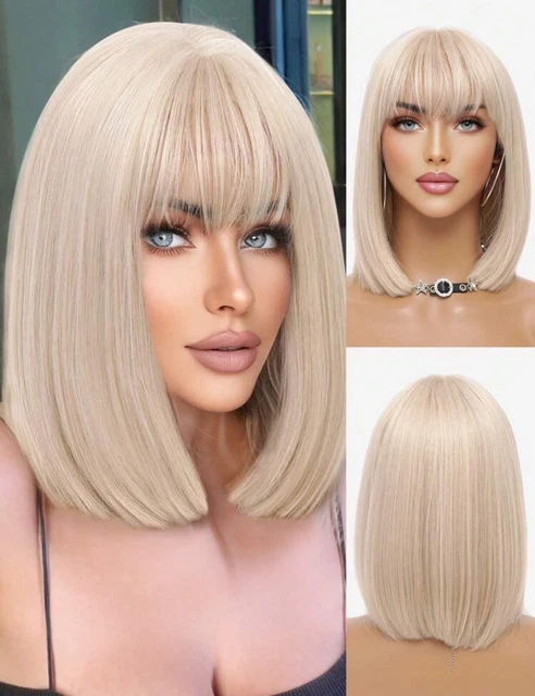Perruque Synthétique Blonde Platine Courte - Coupe Carré Avec Frange, Style Naturel