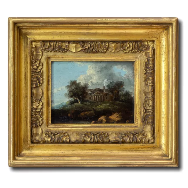 Mansion on a Hill | Small 18th Century Oil Painting, Antique Gold Gilt Frame