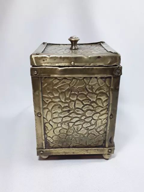 Antique Tea Caddy with Lid - Embossed Brass on Wood and Tin Lined 3
