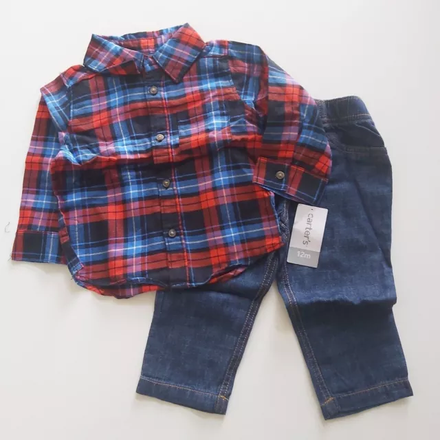 carter's baby boy red checker flannel 2-Piece Shirt & Jeans Pants Set