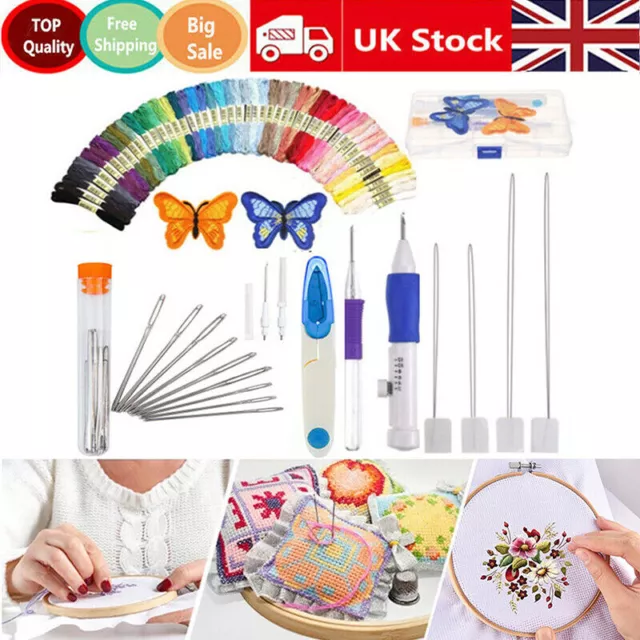 DIY Embroidery Pen Knitting Sewing Tool Kit Magic Punch Needle 50 Threads Set UK