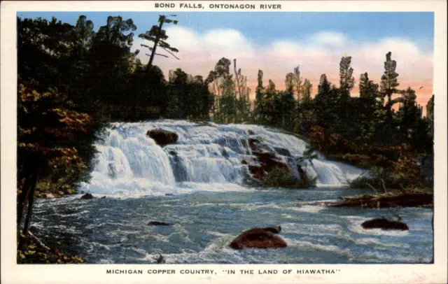 Bond Falls Ontonogon River Michigan Copper Country ~ 1930s linen postcard