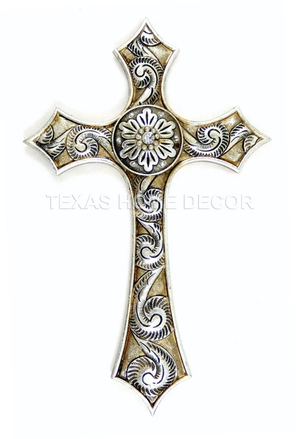 Silver Decorative Fleur De Lis Wall Cross Rustic White Rhinestones Shell Design