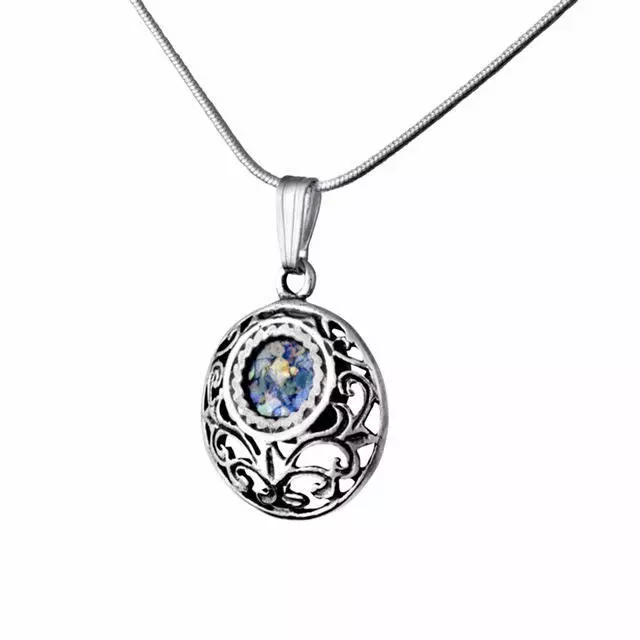 Beautiful New Sterling Silver Ancient Blue Roman Glass Pendant Round Necklace