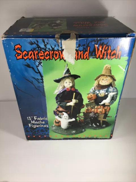 13" Fabric Mache Witch and Scarecrow Combination Figurine Set Halloween Special