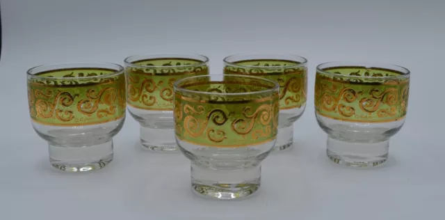 Vintage Culver 22K Gold and Green Set Of 5 Baroque Footed Lowball Glasses