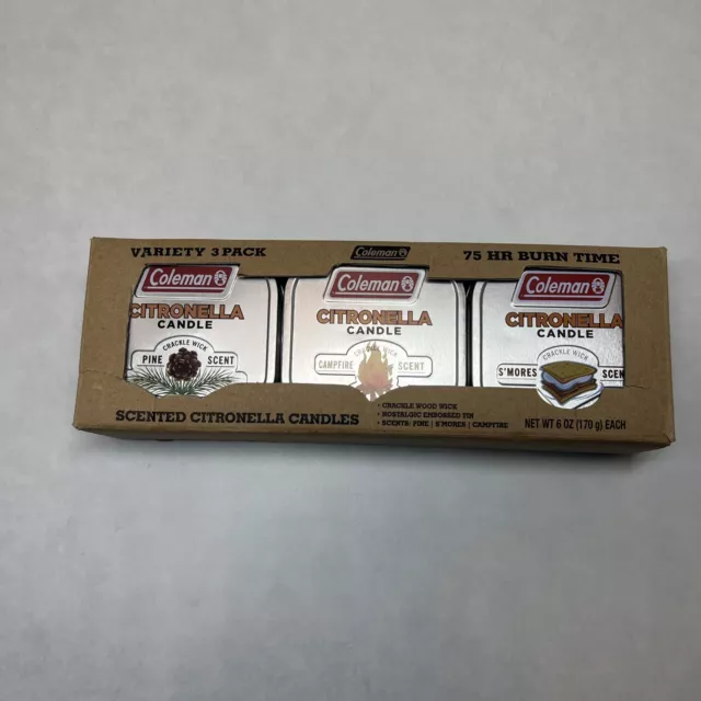 Coleman Scented Tin Citronella Candles 3 Pack, S'Mores, Pine, Campfire 75 Hours