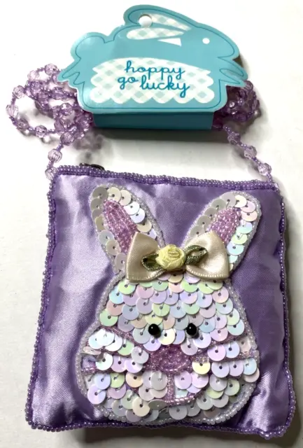 Girls Purple Purse Easter Bunny Satin Beaded Sequins Zipper Close Vtg 2003 Nwt