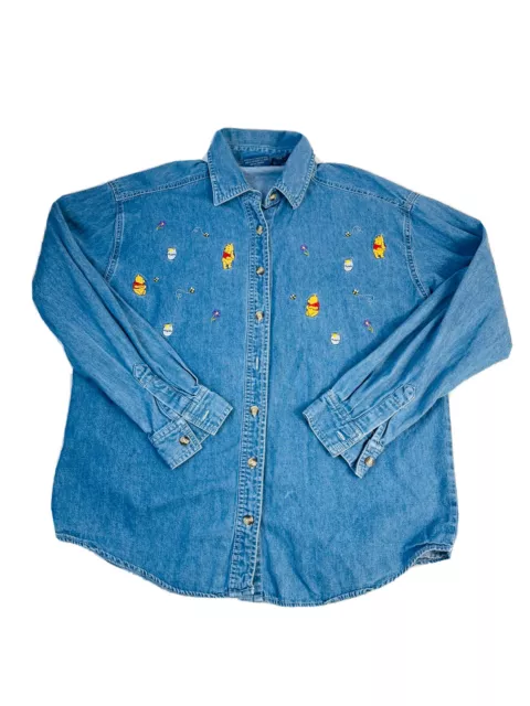 VTG 90s Disney Womens Medium Pooh Piglet Stitched Faded Denim Jean Button Shirt