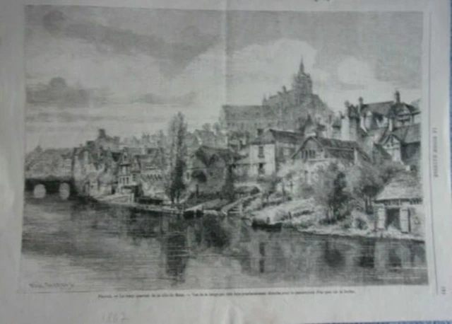 GRAVURE SUR BOIS 19ème LE VIEUX QUARTIER VILLE DU MANS VUE DE LA BERGE
