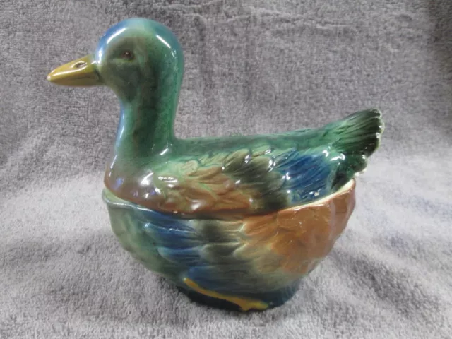 Nos Vtg Italian Majolica Duck Mallard 7" Gravy Small Soup Tureen
