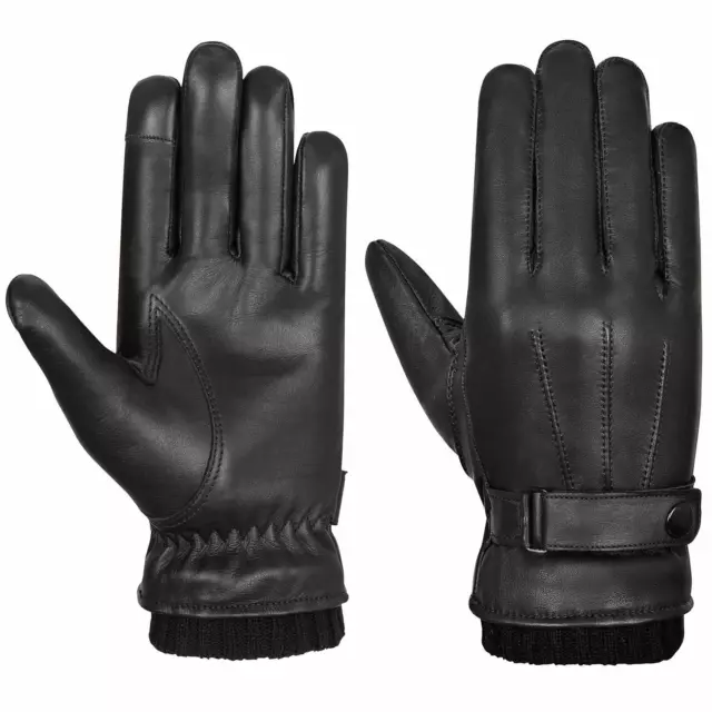 Mens Leather Gloves Thermal Lined Black Touch Screen Driving Winter Warm Gloves