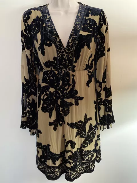 hale bob xs Long Sleeve Silk, Lined Beige Dress With Black Flocked Pattern