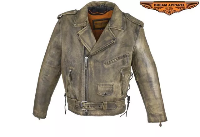 Men's Motorcycle Distressed Brown  Naked Cowhide Leather Biker Side Laces Jacket