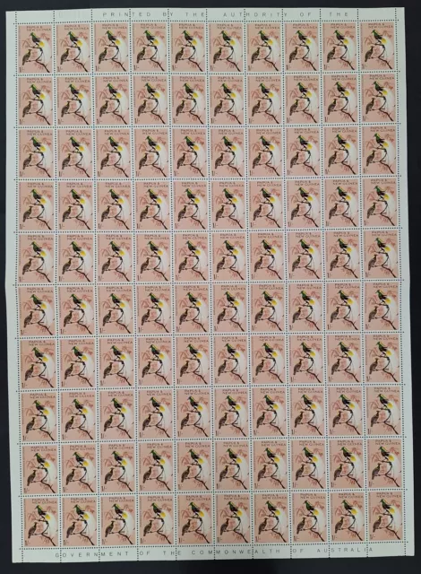 RARE 1964 Papua New Guinea sheet of 100 x10d Emperor Bird-of-paradise stamps MUH