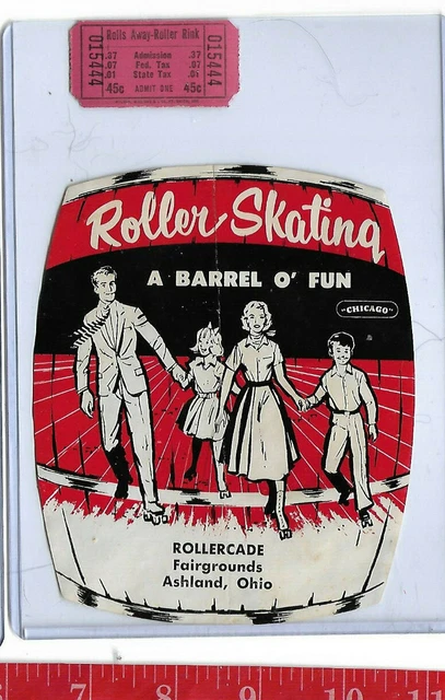 vintage lot roller rink decal Rollercade Fairgrounds Ashland Ohio & ticket