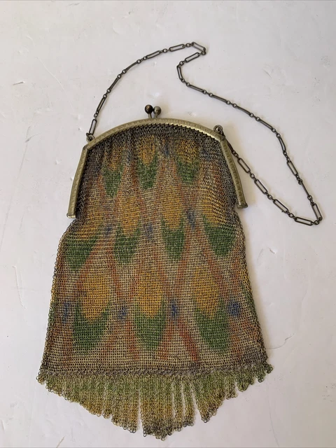 Antique Art Nouveau Gold Frame Orange Green Yellow Blue Enamel Chain Mail Purse