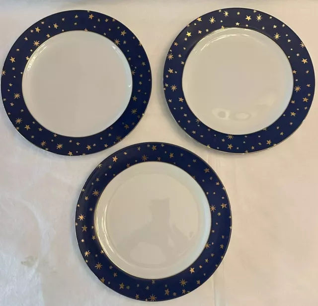 Set 3 Sakura Navy Blue Galaxy 10 5/8" Dinner Plates w/ 14K Gold Stars EUC
