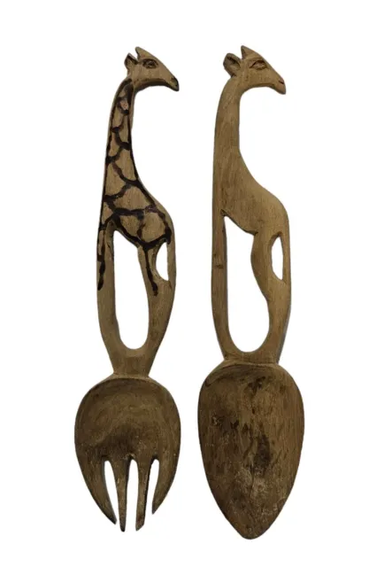 Vintage Hand Carved Wooden Salad Spoons Giraffe Lightweight Double Sided Pair
