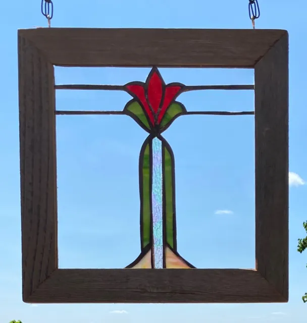 Framed Stained Glass Window Red/Green Flower