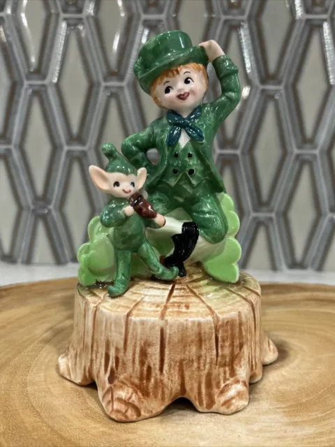 Lefton St Patricks Day Music Box Figurine Leprechaun Elf Pixie Shamrock Vintage