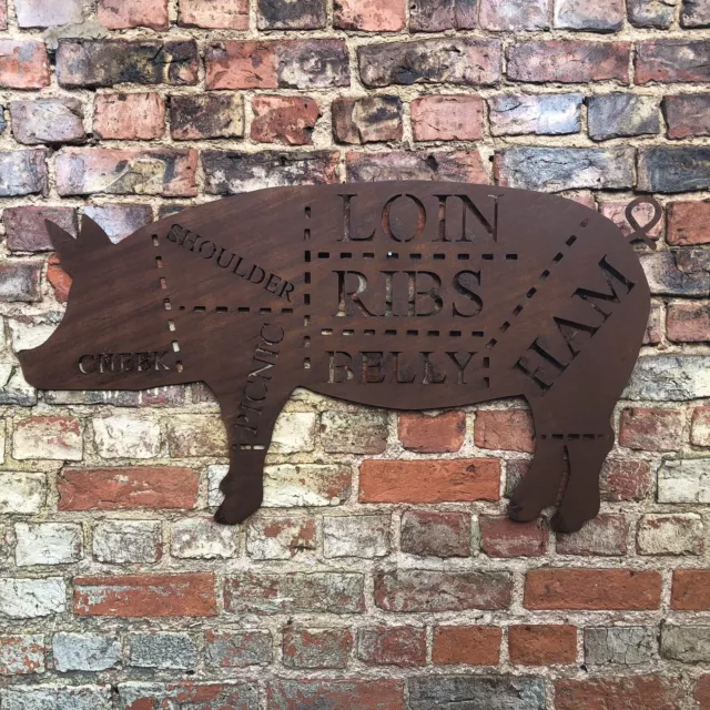 Big PIG Sign Rusty Metal Shop Home Butchers Cuts Meat Pork BBQ Kitchen Cafe Bar