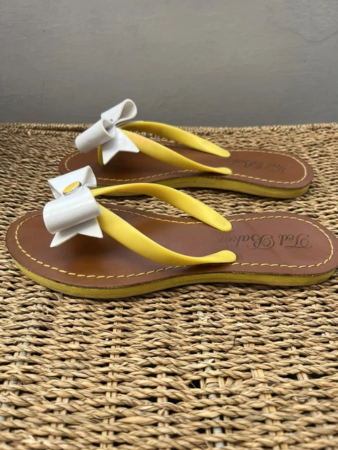 TED BAKER YELLOW White Bow leather Sole Rubber flip flops size 4