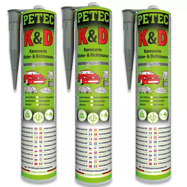 3x PETEC K&D Karosserie Klebe- und Dichtmasse grau 310ml Kleber Kartusche 94630