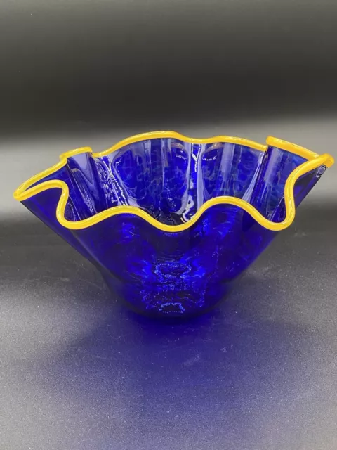 Glass Eye Studio Large Wave Bowl Cobalt Blue Yellow Ruffle Hand Blown Art Glass