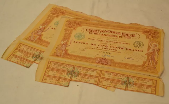 Credit Foncier Du Bresil Et Amerique Du Sud Lot De 2 Actions 500 Francs 1914