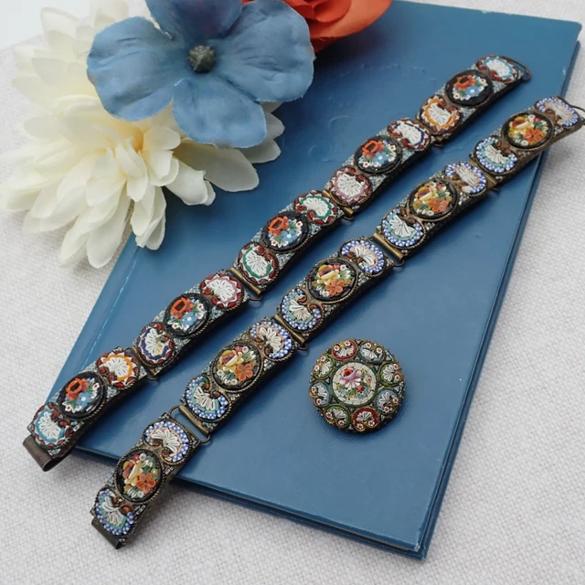 Vintage Old Micro Mosaic Brass 3 Piece Floral Bracelet Pin Brooch Collection Lot