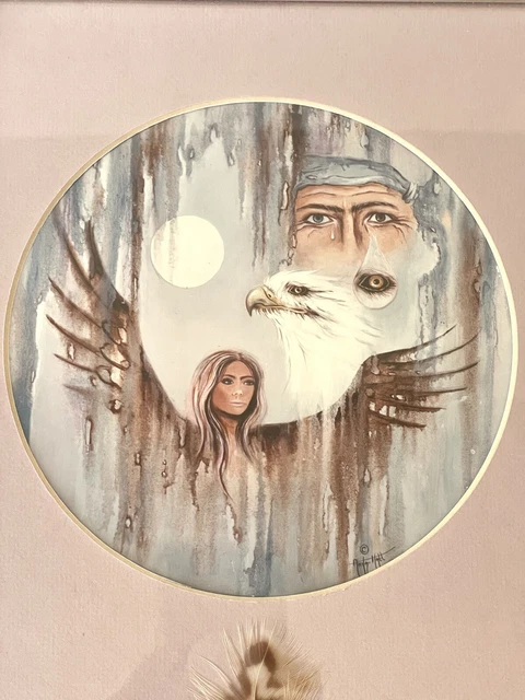 RARE Anita Hall Signed Eagle Spirit Wings Woman VintageArt GuineaFeathers Shaman