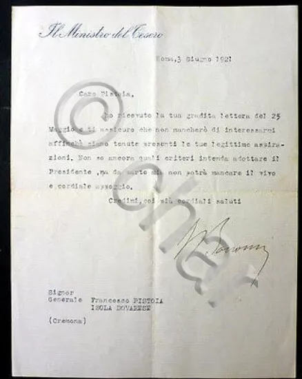 Lettera Autografa Ministro Tesoro Ivanoe Bonomi - 1921
