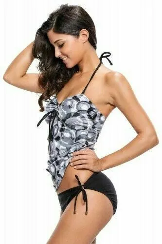 Tankini Bikini Swimsuit Womens Size S 2 Piece Black Gray White Swimwear NEW